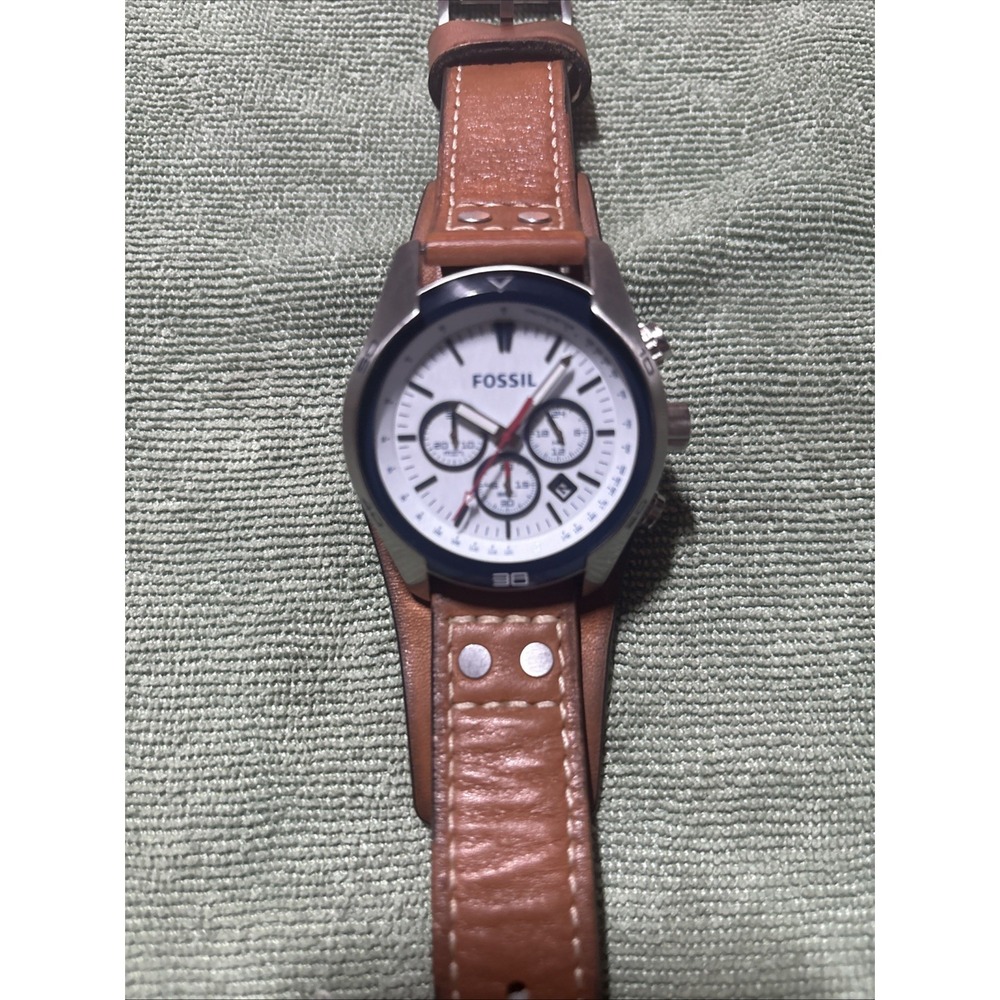 Fossil Coachman Chrono Watch White Black CH2986 Leather New Battery  EUC  /w Tin - Picture 5 of 16